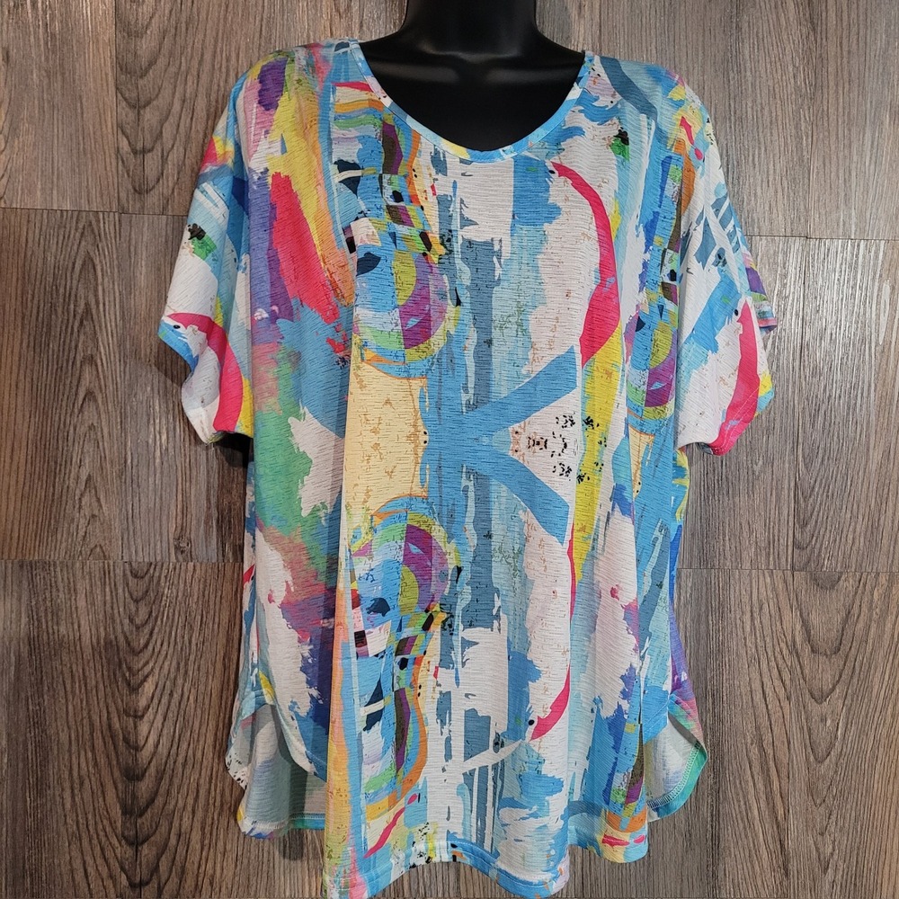 Ethyl Lightweight Artsy T-Shirt Size XL Colorful Abstract Short Slv Semi Sheer